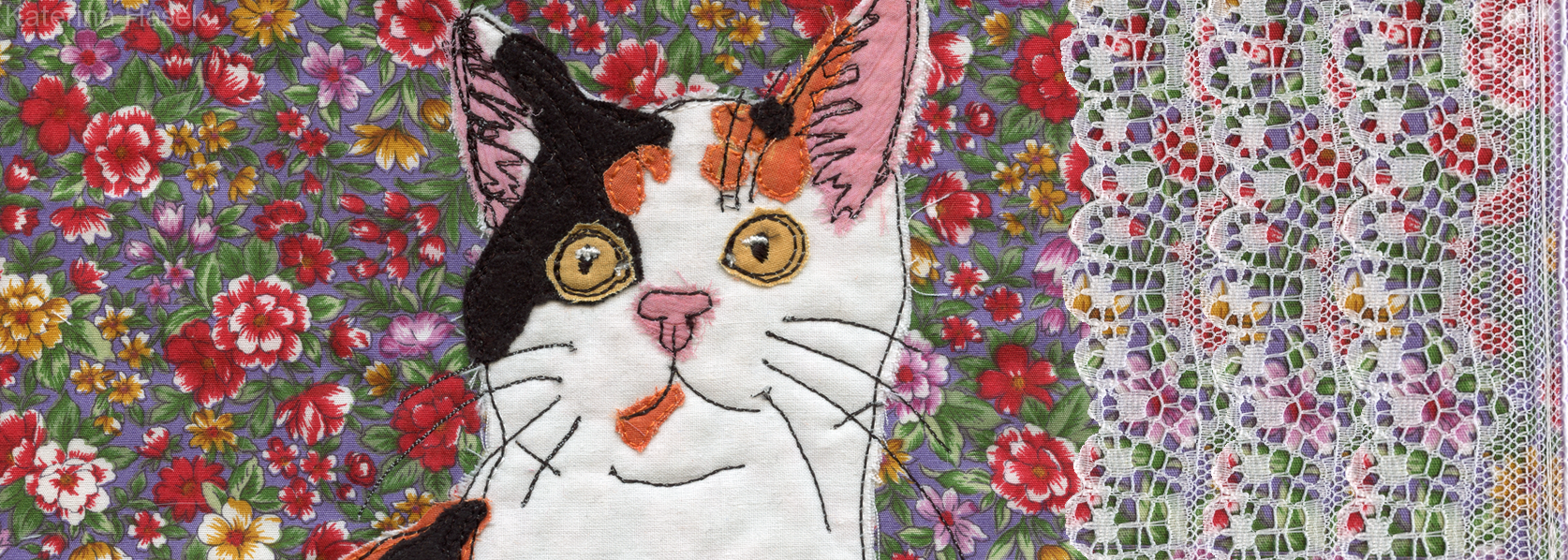 Applique image of Cat by czech born mixed media Katerina Hasek